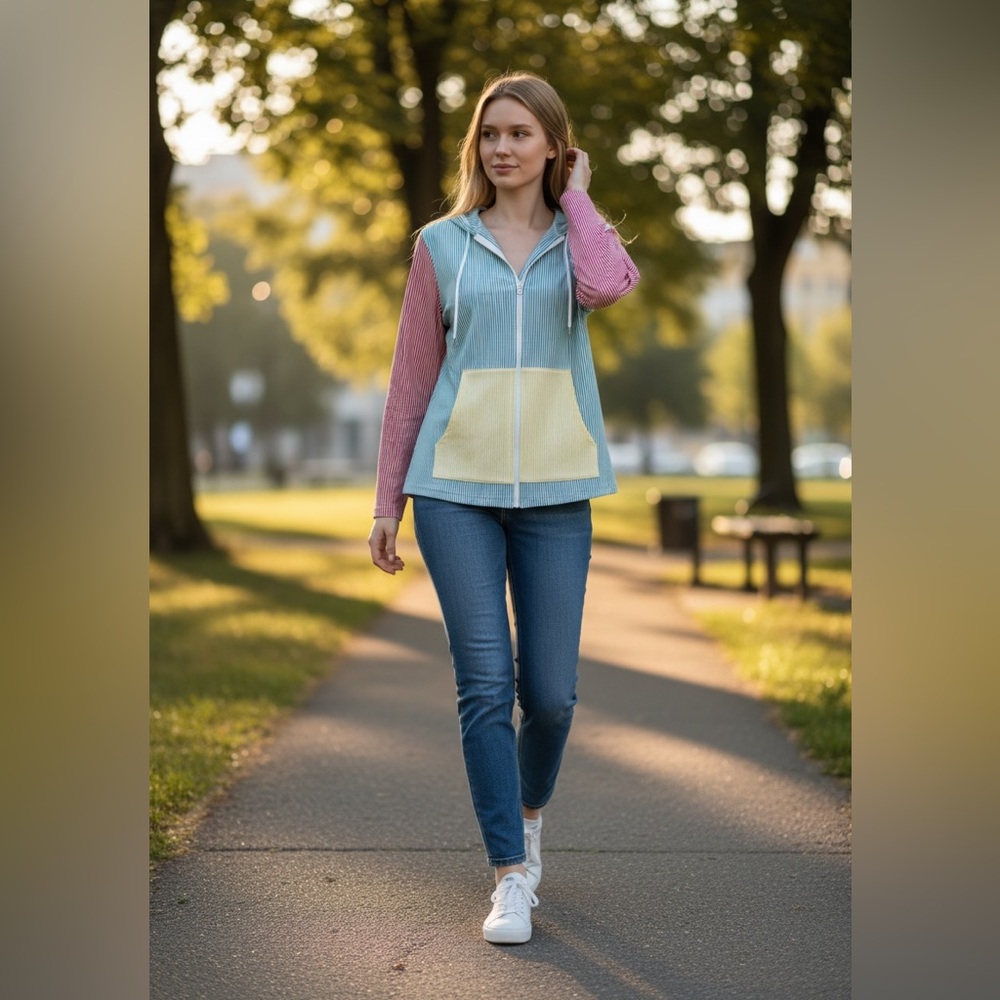 EUC. Lands' End Colorblock Hooded Jacket in Aqua, Pink & Yellow - Picture 8 of 8